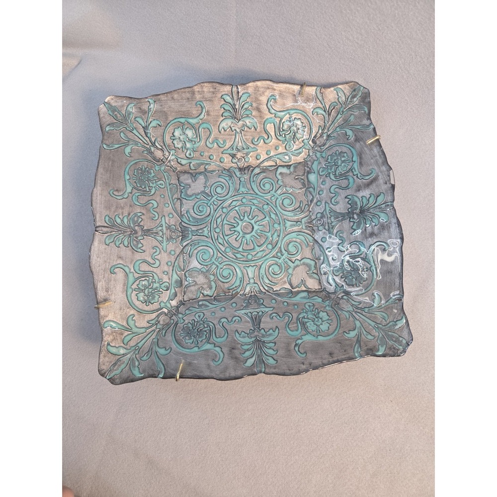 Vintage Turkish Art Glass Platter Square Reverse Painted Turquoise Silver 11"